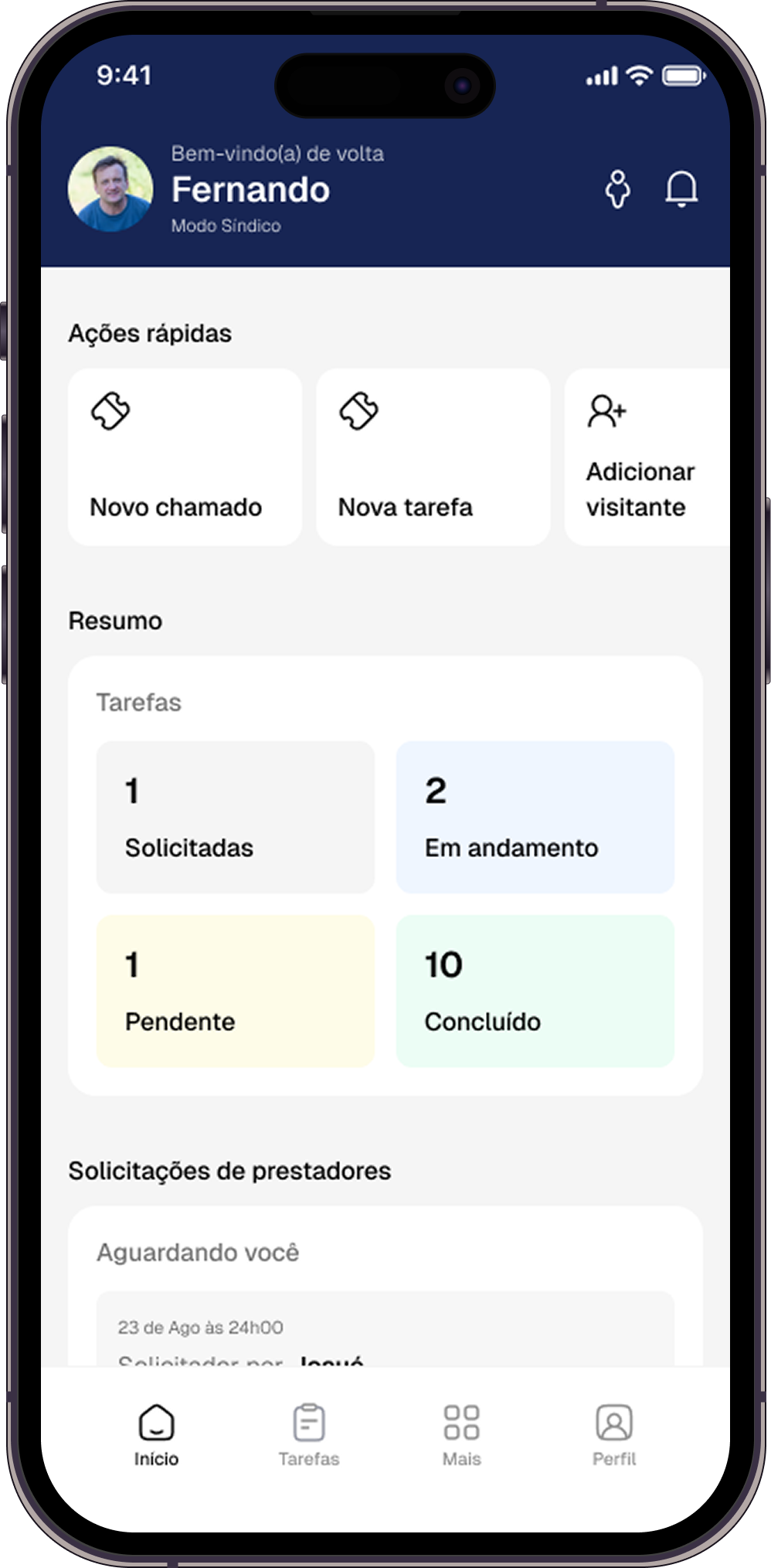 Tela inicial do app UnionCondo